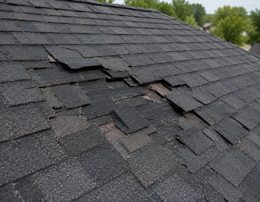 Damaged shingles before roof repair