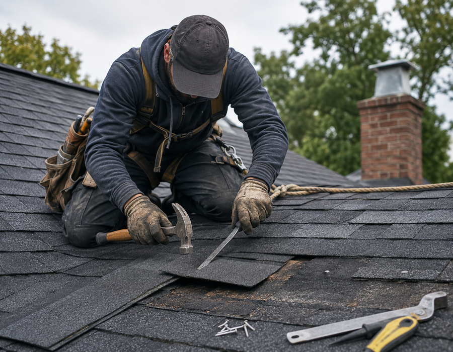 Technician completing roof repair